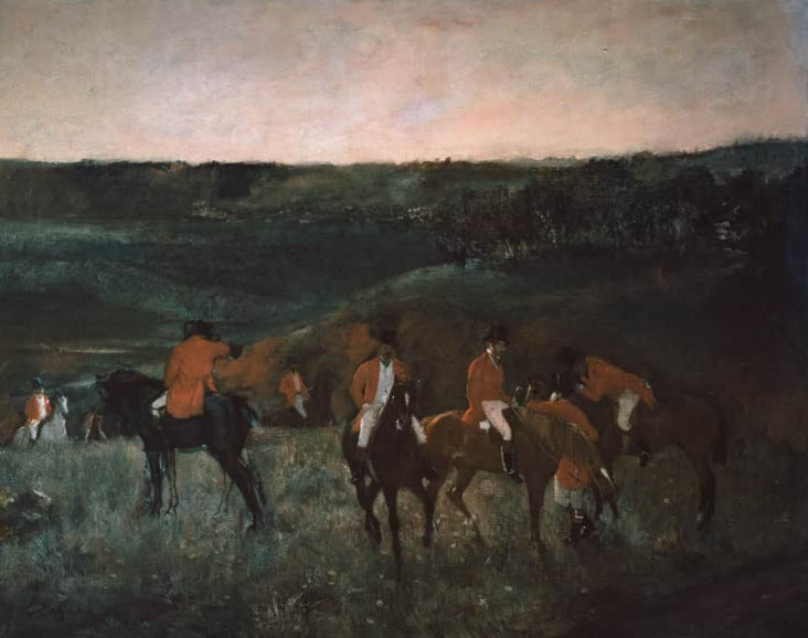 Kunstdruck von Le départ pour la chasse von Edgar Degas mit einer Jagdgesellschaft beim Aufbruch in stimmungsvoller Darstellung.