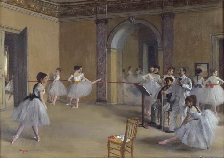Kunstdruck von „Le foyer de la danse à l'Opéra de la rue Le Peletier“ von Edgar Degas, handgefertigt in Deutschland als Leinwand oder Poster erhältlich