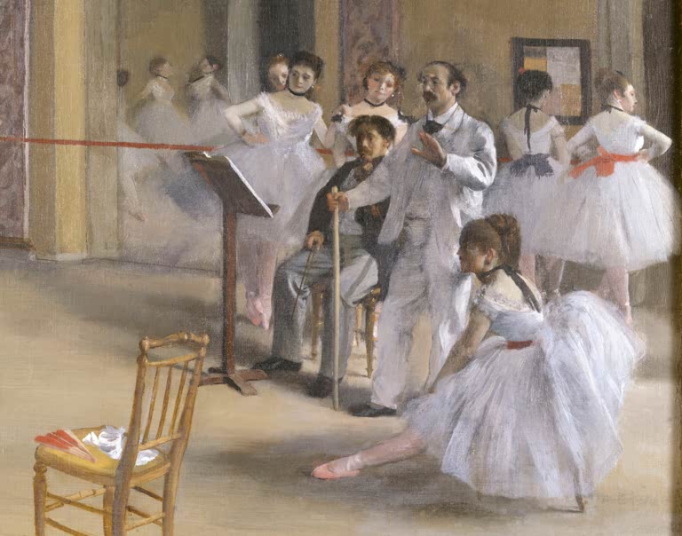 Kunstdruck des Gemäldes „Le foyer de la danse à l'Opéra de la rue Le Peletier“ von Edgar Degas mit Balletttänzerinnen im Tanzsaal der Pariser Oper. Hochwertig in Deutschland per Hand gefertigt, erhältlich als Poster oder Leinwand.