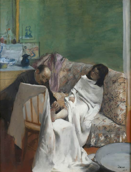 Kunstdruck von Le pédicure von Edgar Degas mit einer intimen Alltagsszene und der charakteristischen Darstellung menschlicher Bewegungen.