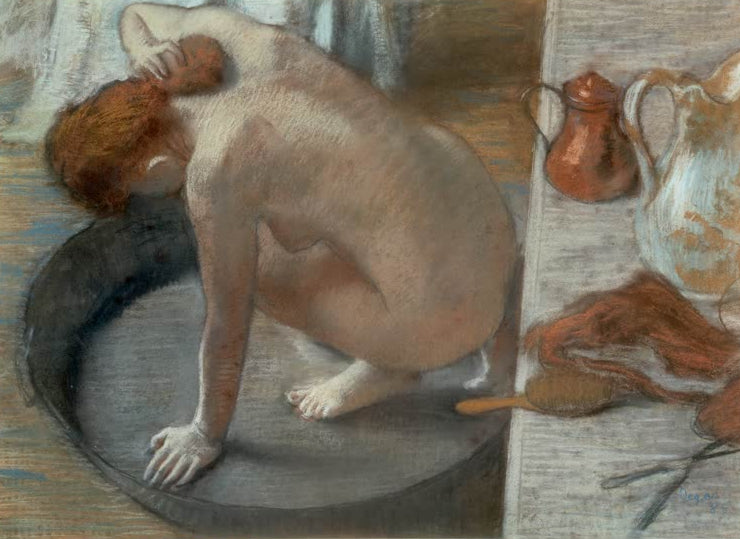 Kunstdruck von Le tub von Edgar Degas mit einer intimen Badeszene und der charakteristischen Darstellung von Bewegung und Körperhaltung.