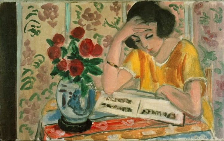 Kunstdruck des Gemäldes Lesende Frau von Henri Matisse, handgefertigt in Deutschland als Poster oder Leinwand erhältlich