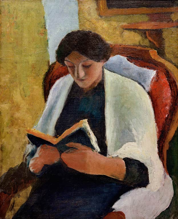 Kunstdruck des Gemäldes „Lesende Frau im roten Sessel“ von August Macke. Hochwertig in Deutschland von Hand gefertigt, erhältlich als Poster oder Leinwand und optional gerahmt.