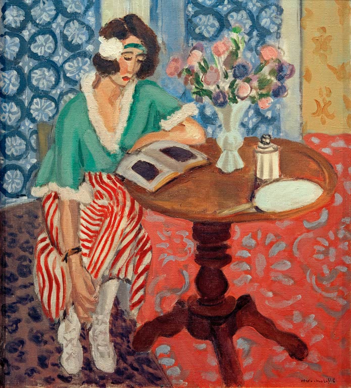Kunstdruck des Gemäldes Lesende am Tischchen von Henri Matisse, handgefertigt in Deutschland als Poster oder Leinwand erhältlich