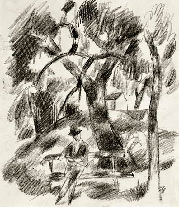 Kunstdruck des Gemäldes „Lesender Mann im Park“ von August Macke. Hochwertig in Deutschland von Hand gefertigt, erhältlich als Poster oder Leinwand und optional gerahmt.