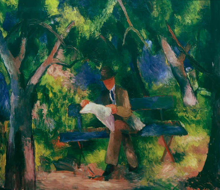 Kunstdruck des Gemäldes „Lesender Mann im Park“ von August Macke. Hochwertig in Deutschland von Hand gefertigt, erhältlich als Leinwand oder Poster und optional gerahmt.
