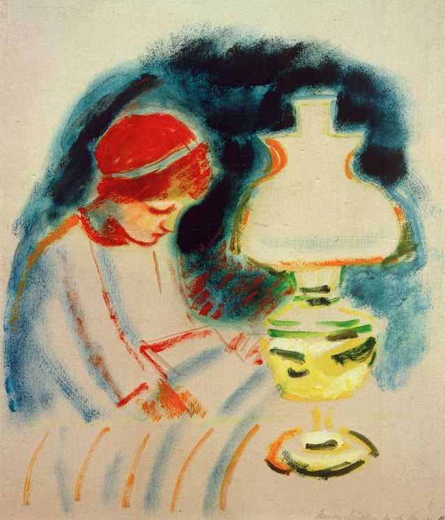 Kunstdruck des Gemäldes „Lesendes Mädchen bei der Lampe“ von August Macke. Hochwertig in Deutschland von Hand gefertigt, erhältlich als Poster oder Leinwand und optional gerahmt.