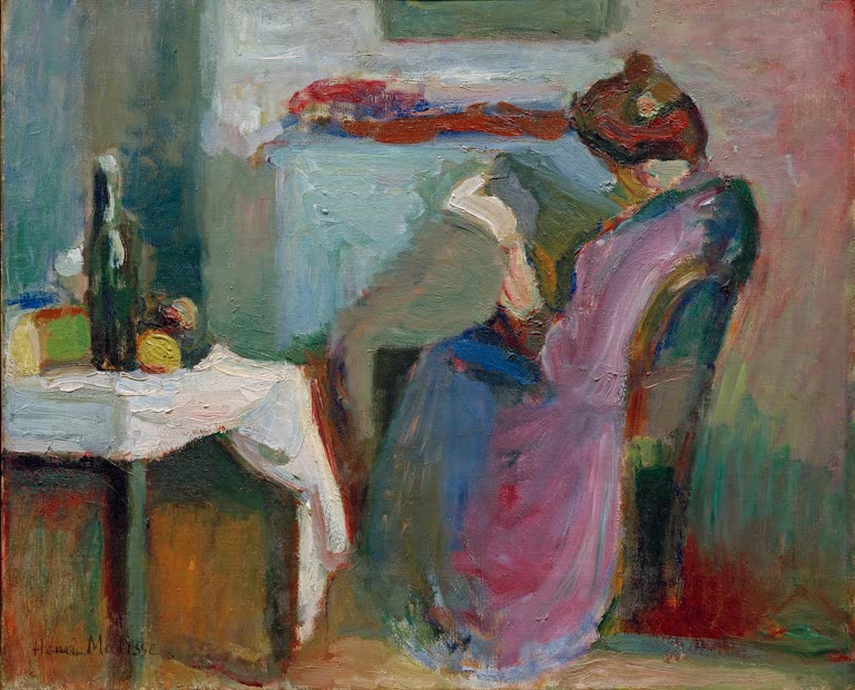 Kunstdruck des Gemäldes Leserin im violetten Kleid von Henri Matisse, handgefertigt in Deutschland als Poster oder Leinwand erhältlich