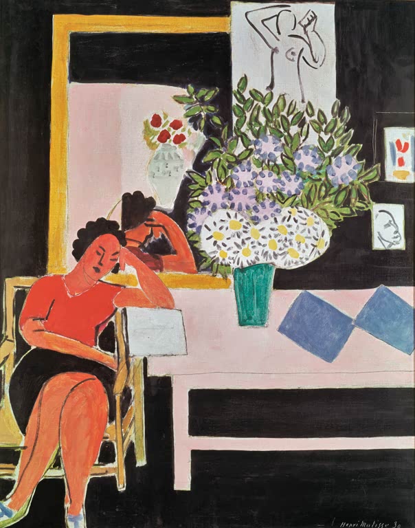 Kunstdruck des Gemäldes „Leserin vor schwarzem Grund“ von Henri Matisse, als Poster oder Leinwand erhältlich, optional gerahmt, in Deutschland von Hand gefertigt.