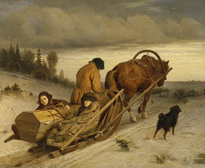 Kunstdruck von „Letztes Geleit“ von Wassili Grigorjewitsch Perow mit Trauerzug, winterlicher Landschaft und ernster realistischer Stimmung