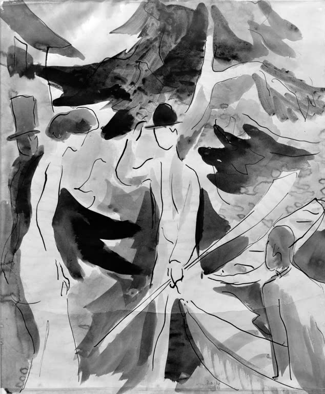 Kunstdruck des Gemäldes „Leute auf der Strasse am Wasser“ von August Macke. Hochwertig in Deutschland von Hand gefertigt, erhältlich als Leinwand oder Poster und optional gerahmt.