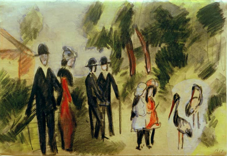 Kunstdruck des Gemäldes „Leute bei den Reihern“ von August Macke. Hochwertig in Deutschland von Hand gefertigt, erhältlich als Leinwand oder Poster und optional gerahmt.
