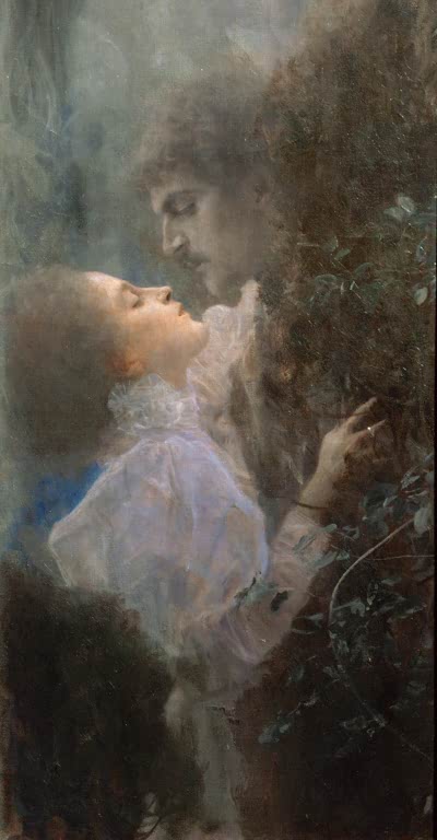 Kunstdruck des Gemäldes „Liebe“ von Gustav Klimt – hochwertige Reproduktion eines symbolistischen Jugendstil-Kunstwerks mit ausdrucksstarker Komposition.