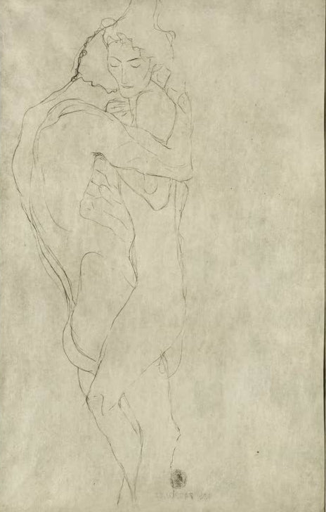Kunstdruck des Gemäldes „Liebespaar nach rechts liegend“ von Gustav Klimt – hochwertige Reproduktion einer ausdrucksstarken Figurenstudie.