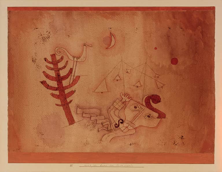 Kunstdruck „Lied des Spottvogels“ von Paul Klee mit stilisiertem Vogelmotiv und abstrakter, farbenreicher Komposition