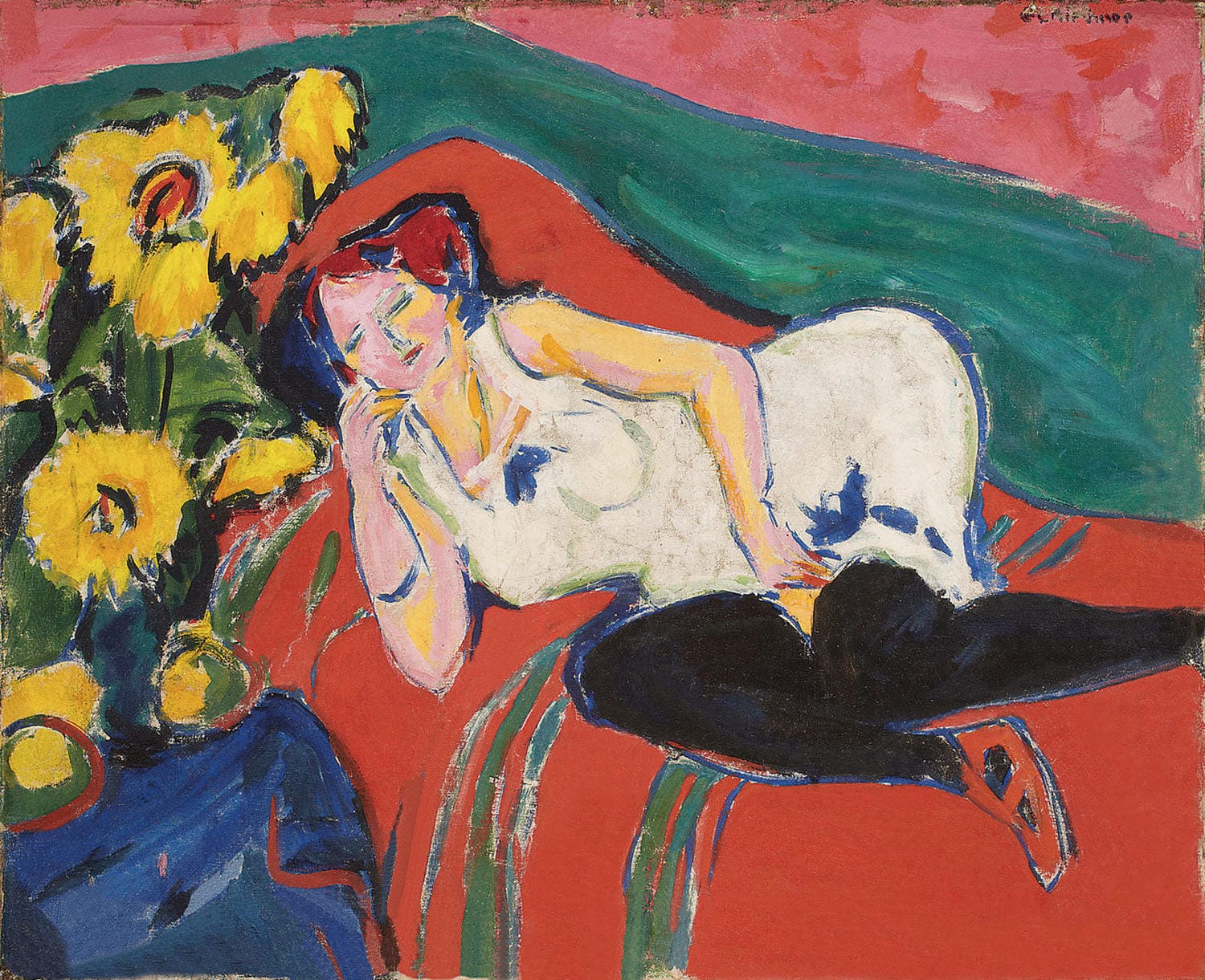 „Liegende Frau in weißem Hemd“ von Ernst Ludwig Kirchner – Expressionistisches Gemälde einer entspannt liegenden Frau, dargestellt in kräftigen Farben und dynamischen Pinselstrichen.
