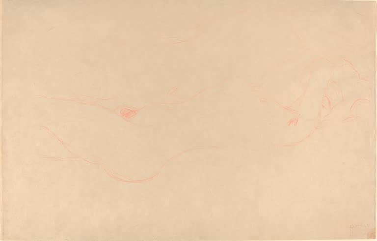 Kunstdruck von „Liegende Frau“ von Gustav Klimt mit ausdrucksstarker Figurenstudie und feiner Linienführung. In Deutschland von Hand gefertigt, als Leinwand oder Poster erhältlich.