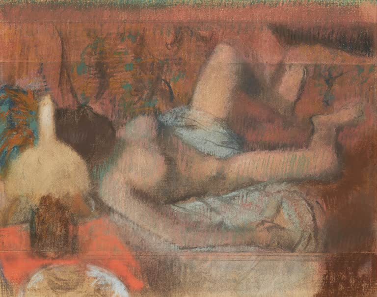Kunstdruck des Gemäldes Liegender Akt von Edgar Degas mit der Darstellung eines liegenden weiblichen Aktes.
