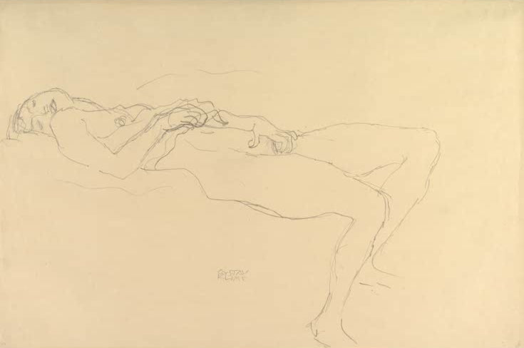 Kunstdruck des Gemäldes „Liegender Akt“ von Gustav Klimt – hochwertige Reproduktion einer ausdrucksstarken Aktstudie.