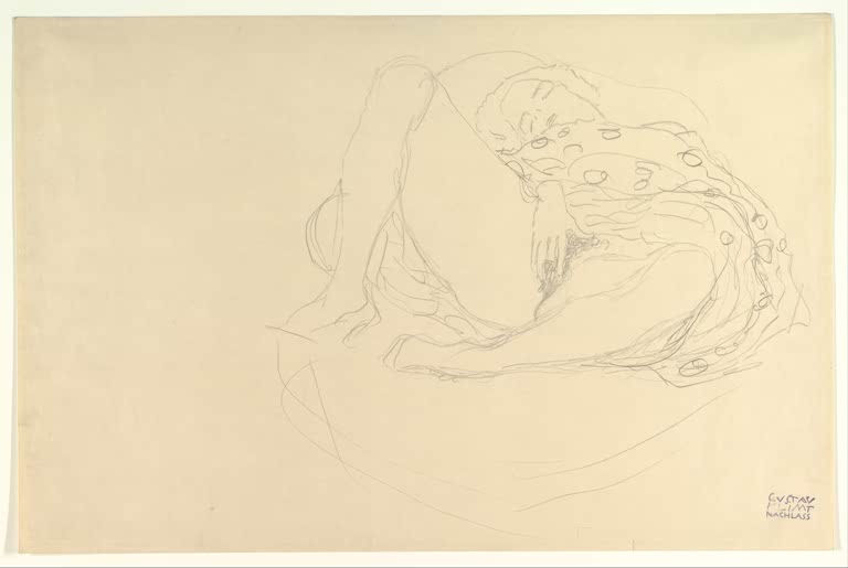 Kunstdruck des Gemäldes „Liegender Akt mit Draperie“ von Gustav Klimt – hochwertige Reproduktion einer ausdrucksstarken Aktstudie.