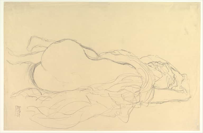 Kunstdruck des Gemäldes „Liegender Akt mit Draperie, Rückenansicht“ von Gustav Klimt – hochwertige Reproduktion einer ausdrucksstarken Aktstudie.