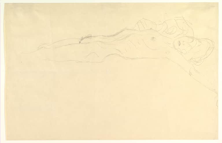 Kunstdruck des Gemäldes „Liegender Akt mit ausgestrecktem linken Arm“ von Gustav Klimt – hochwertige Reproduktion einer ausdrucksstarken Aktstudie.