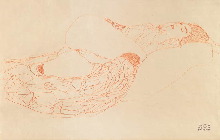 Kunstdruck von „Liegender Halbakt“ von Gustav Klimt mit ausdrucksstarker Aktstudie und feiner Linienführung. In Deutschland von Hand gefertigt, als Leinwand oder Poster erhältlich.