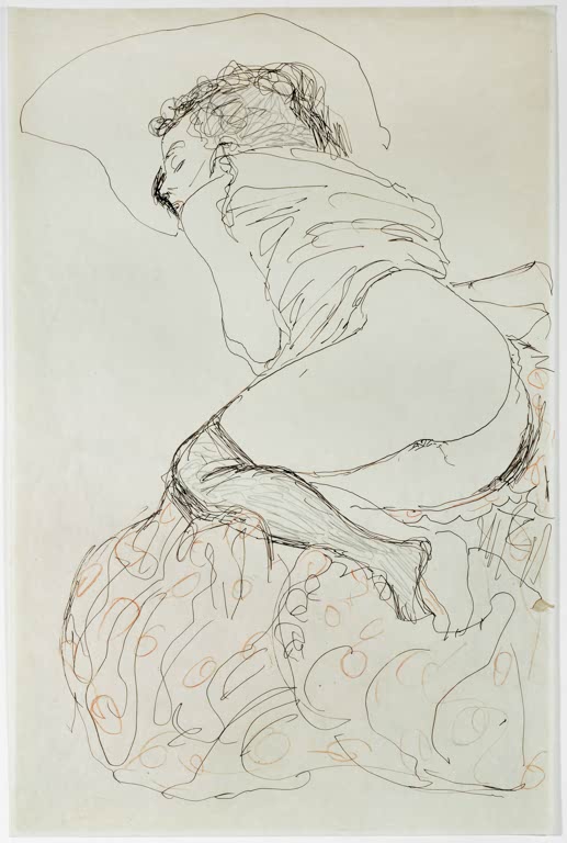 Kunstdruck des Gemäldes „Liegender Halbakt nach links“ von Gustav Klimt – hochwertige Reproduktion einer ausdrucksstarken Aktstudie.