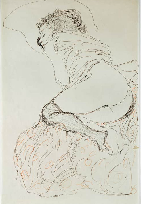 Kunstdruck des Gemäldes „Liegender halbnackter Akt, nach links gewandt“ von Gustav Klimt – hochwertige Reproduktion einer Aktstudie.