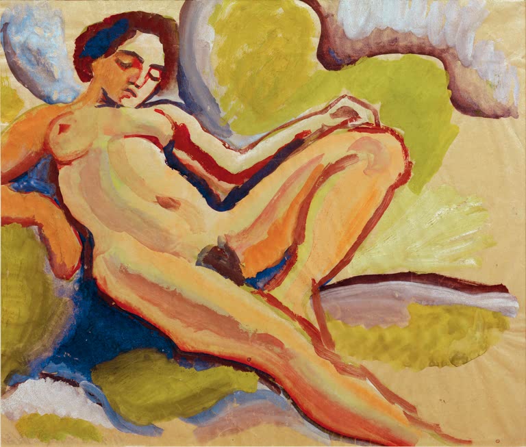 Kunstdruck des Gemäldes „Liegender weiblicher Akt“ von August Macke. Hochwertig in Deutschland von Hand gefertigt, erhältlich als Poster oder Leinwand und optional gerahmt.