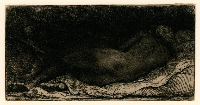 Kunstdruck von Rembrandt van Rijn, Liegender weiblicher Akt