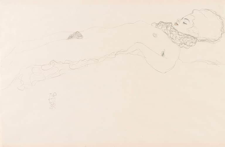 Kunstdruck des Gemäldes „Liegendes nacktes Mädchen mit Halskrause“ von Gustav Klimt – hochwertige Reproduktion einer Aktstudie.