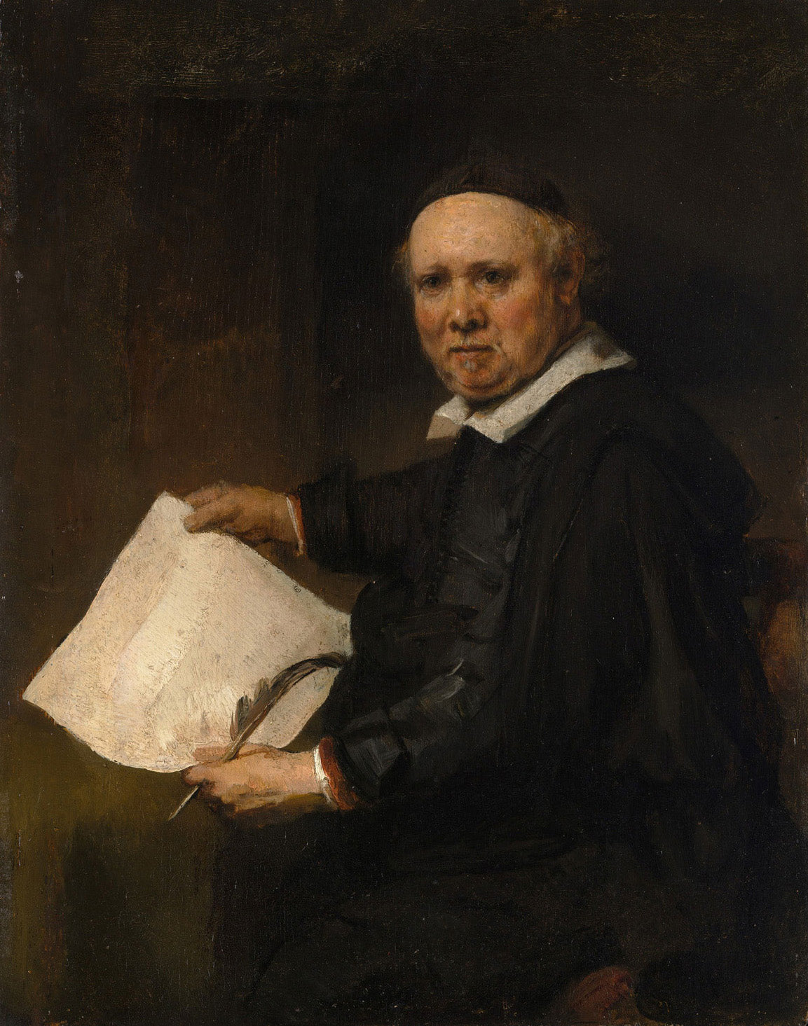Porträt von Lieven Willemsz van Coppenol, gemalt von Rembrandt van Rijn, zeigt den Kalligrafen in eleganter Kleidung, umgeben von warmen Brauntönen und tiefem Blau, mit meisterhaftem Licht-Schatten-Spiel, das die Details von Gesicht und Kleidung betont.