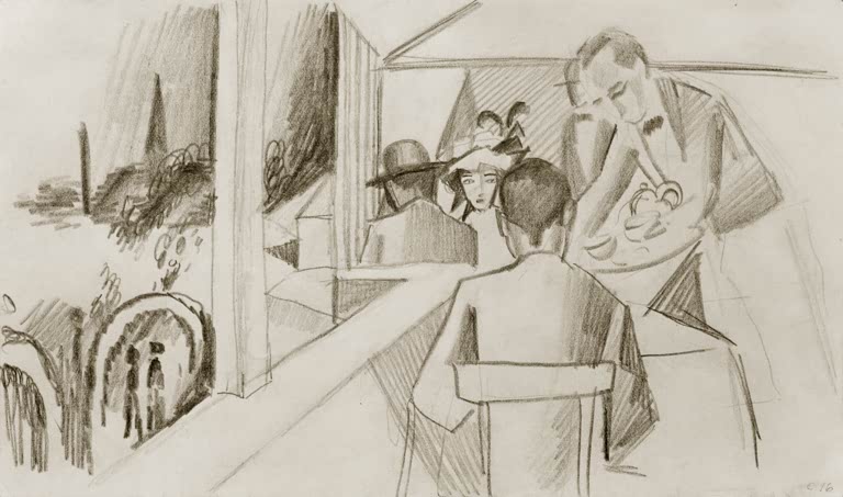 Kunstdruck des Gemäldes „Luftschiffcafé“ von August Macke. Hochwertig in Deutschland von Hand gefertigt, erhältlich als Poster oder Leinwand und optional gerahmt.