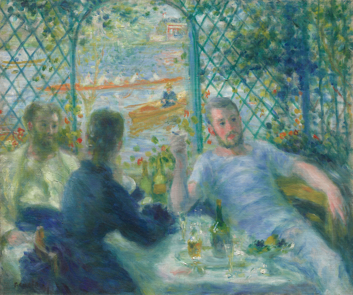 Pierre-Auguste Renoirs Mittagessen im Restaurant Fournaise (Das Ruderer-Mittagessen) zeigt eine lebendige Szene im Restaurant mit einer Gruppe von Menschen, die in einem Außenbereich bei sonnigem Wetter speisen, umgeben von der typischen Impressionisten-Farbpalette.