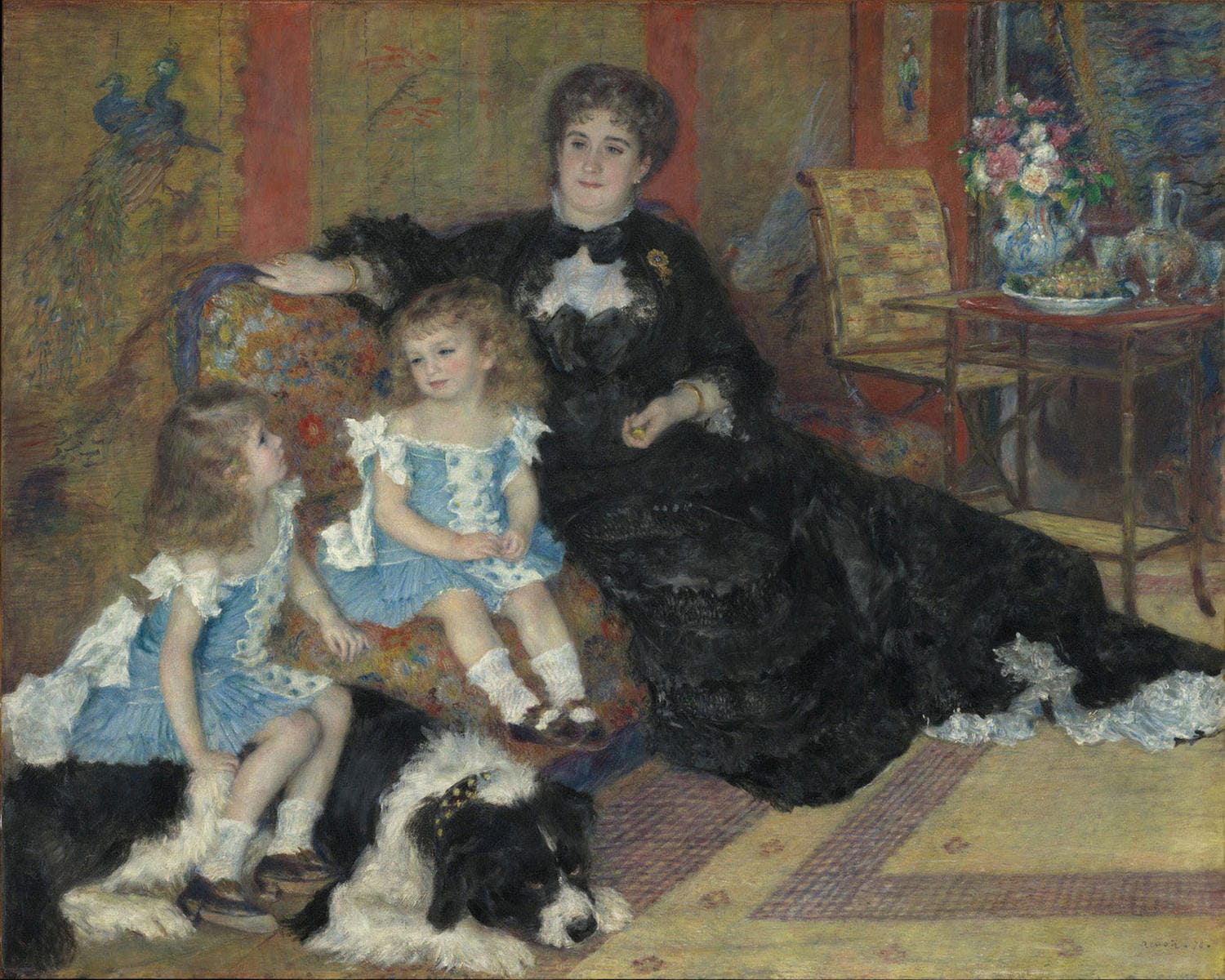 Das Gemälde "Madame Georges Charpentier und ihre Kinder" von Pierre-Auguste Renoir zeigt die elegante Madame Charpentier mit ihren beiden Kindern, Georgette-Berthe und Paul-Emile-Charles. Renoir fängt die intime Familienszene in sanften Farben und lebendigem Licht im typischen Impressionismus-Stil ein.