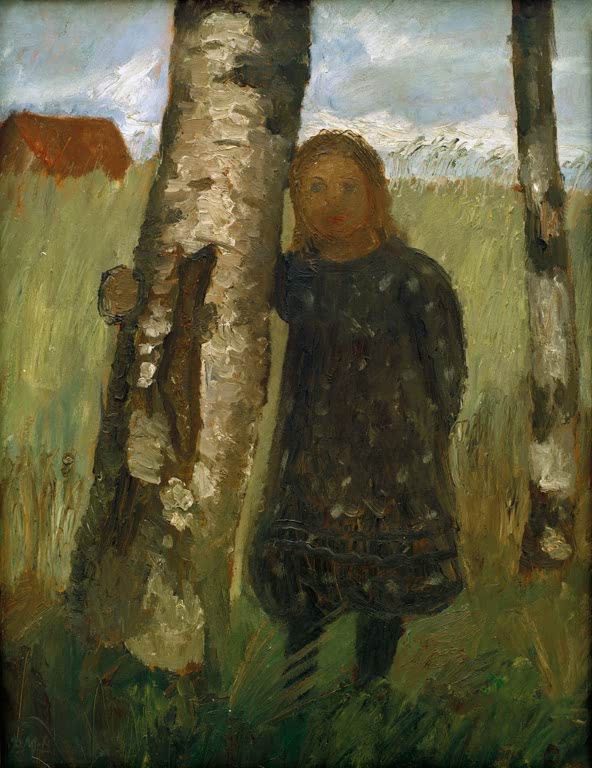 Kunstdruck von „Mädchen am Birkenstamm“ von Paula Modersohn-Becker. Ausdrucksstarke Kinderdarstellung mit Birkenmotiv und charakteristischer Farbgebung, in Deutschland handgefertigt.