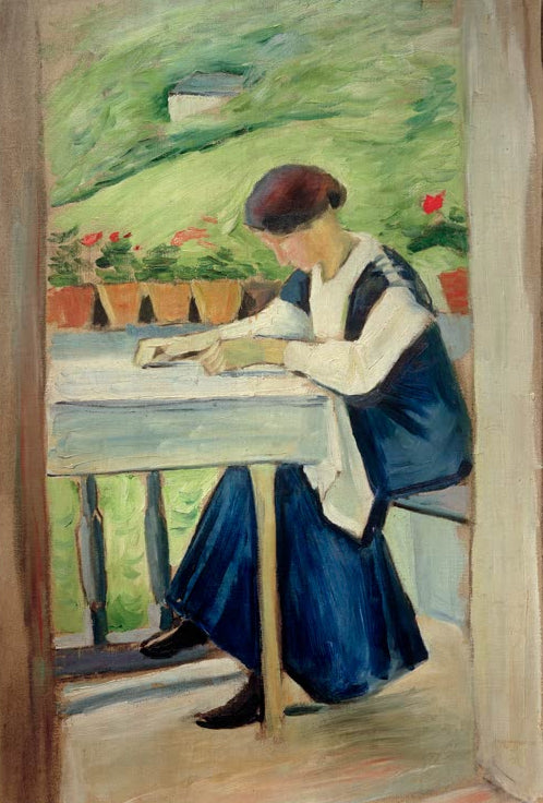 Kunstdruck des Gemäldes „Mädchen auf dem Balkon II (im blauen Kleid)“ von August Macke. Hochwertig in Deutschland von Hand gefertigt, erhältlich als Leinwand oder Poster und optional gerahmt.