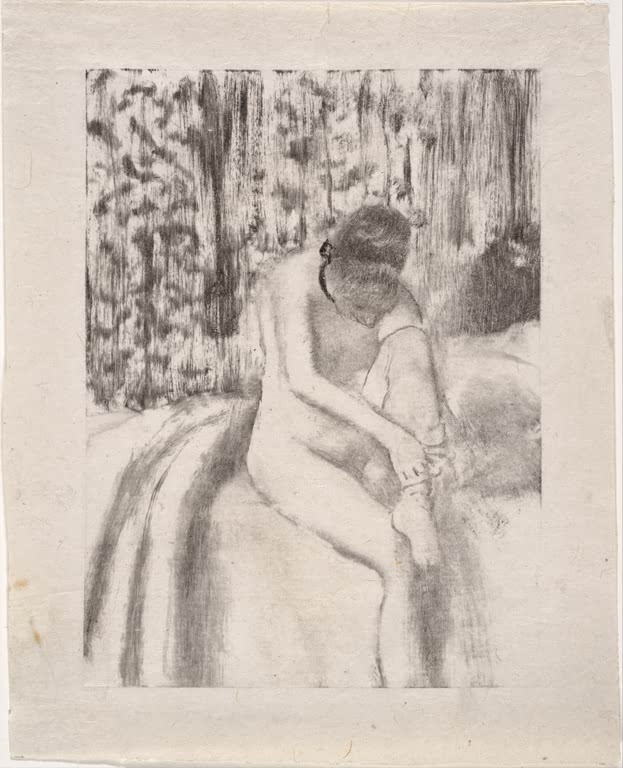 Kunstdruck von „Mädchen beim Anziehen der Strümpfe“ von Edgar Degas, handgefertigt in Deutschland als Leinwand oder Poster erhältlich