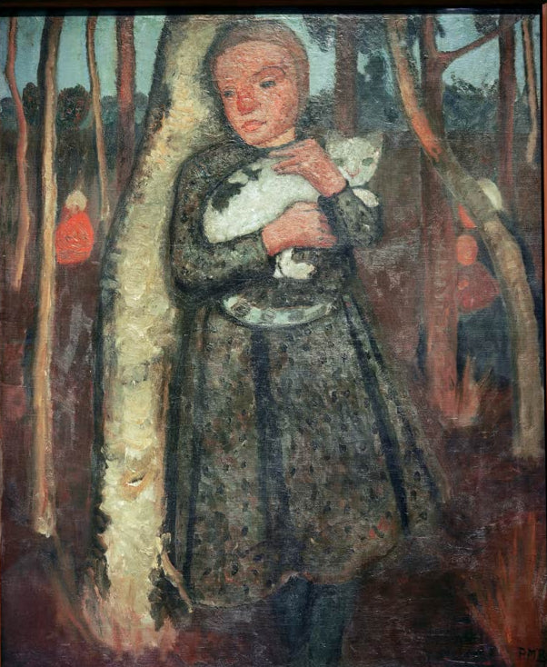 Kunstdruck von Mädchen im Birkenwald mit Katze von Paula Modersohn-Becker – stimmungsvolle Szene mit Mädchen und Katze im Wald als hochwertiger Kunstdruck.