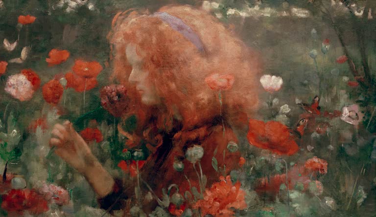 Mädchen im Mohnfeld von Dora Hitz als hochwertiger Kunstdruck mit Mädchen zwischen roten Mohnblumen
