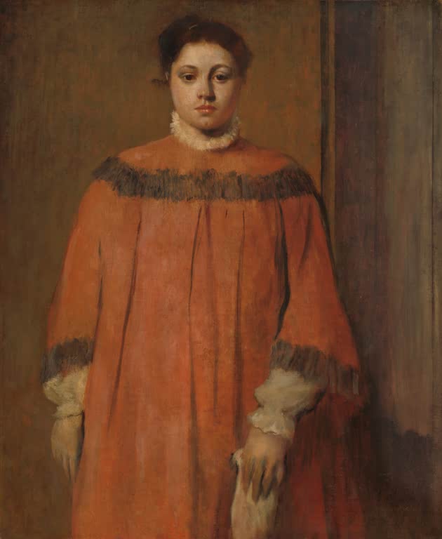 Kunstdruck des Gemäldes „Mädchen in Rot“ von Edgar Degas, detailgetreu umgesetzt und hochwertig in Deutschland produziert.