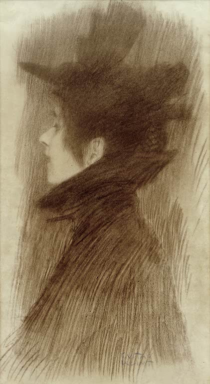 Kunstdruck des Gemäldes „Mädchen mit Hut und Cape im Profil“ von Gustav Klimt – hochwertige Reproduktion eines eleganten Jugendstil-Porträts.