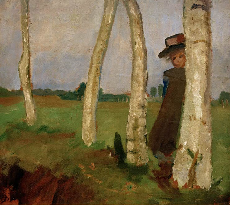Kunstdruck „Mädchen mit Hut zwischen Birkenstämmen“ von Paula Modersohn-Becker mit Kind in Birkenlandschaft