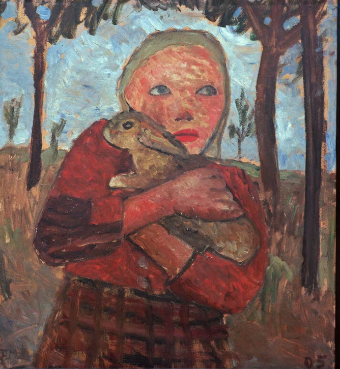 Kunstdruck von „Mädchen mit Kaninchen“ von Paula Modersohn-Becker. Ausdrucksstarke Kinderdarstellung mit Tiermotiv und charakteristischer Farbgebung, in Deutschland handgefertigt.