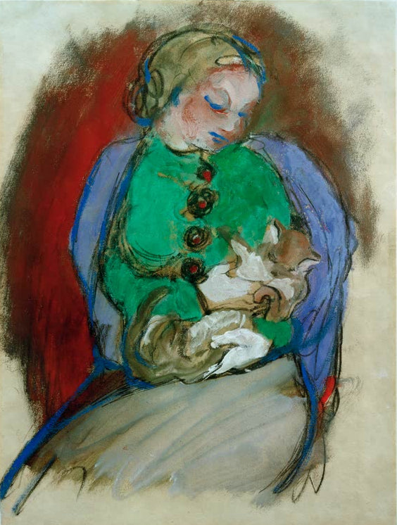 Kunstdruck des Gemäldes „Mädchen mit Katze“ von Franz Marc. Hochwertig in Deutschland von Hand gefertigt, erhältlich als Poster oder Leinwand und optional gerahmt.