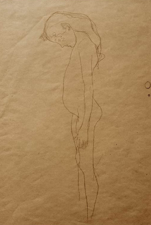 Kunstdruck des Gemäldes „Mädchenakt mit gesenktem Kopf nach links“ von Gustav Klimt – hochwertige Reproduktion einer ausdrucksstarken Aktstudie.
