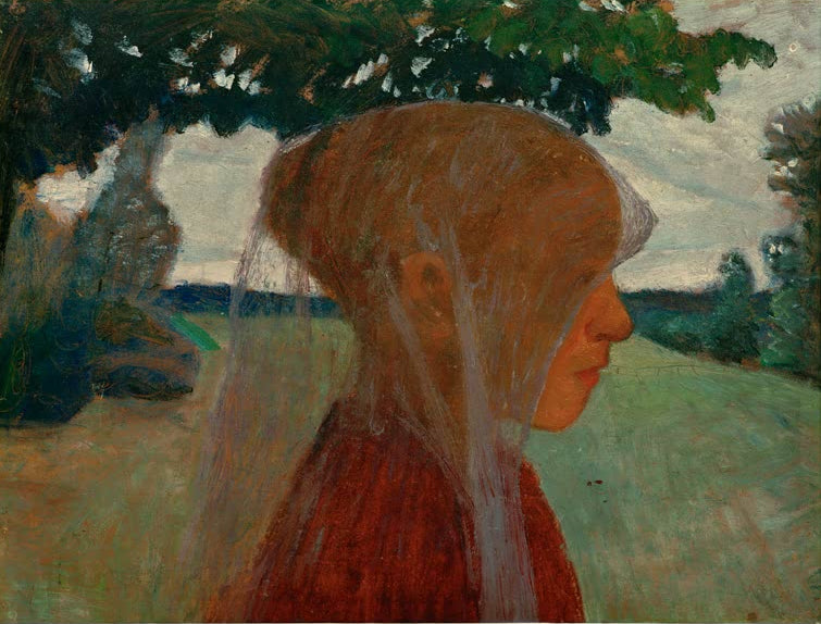 Kunstdruck von Mädchenkopf mit Schleier im Profil nach rechts von Paula Modersohn-Becker – ausdrucksstarkes Mädchenporträt als hochwertiger Kunstdruck.