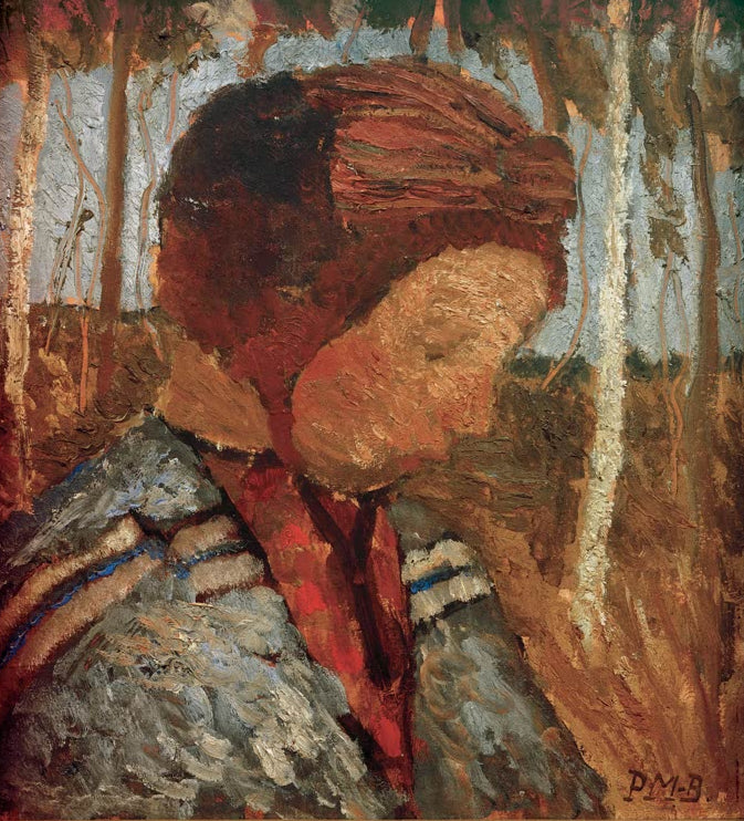 Kunstdruck „Mädchenkopf mit roter Haube“ von Paula Modersohn-Becker mit jungem Mädchen und markanter roter Kopfbedeckung