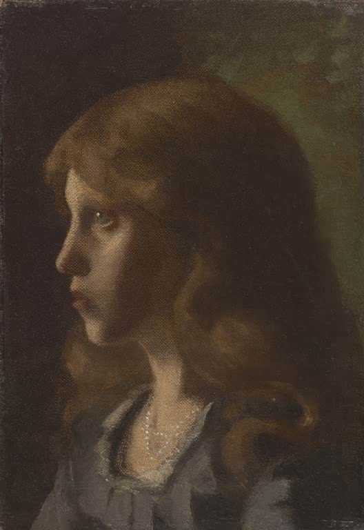 Kunstdruck des Gemäldes „Mädchenkopf nach links gewendet“ von Gustav Klimt – hochwertige Reproduktion einer ausdrucksstarken Porträtstudie.